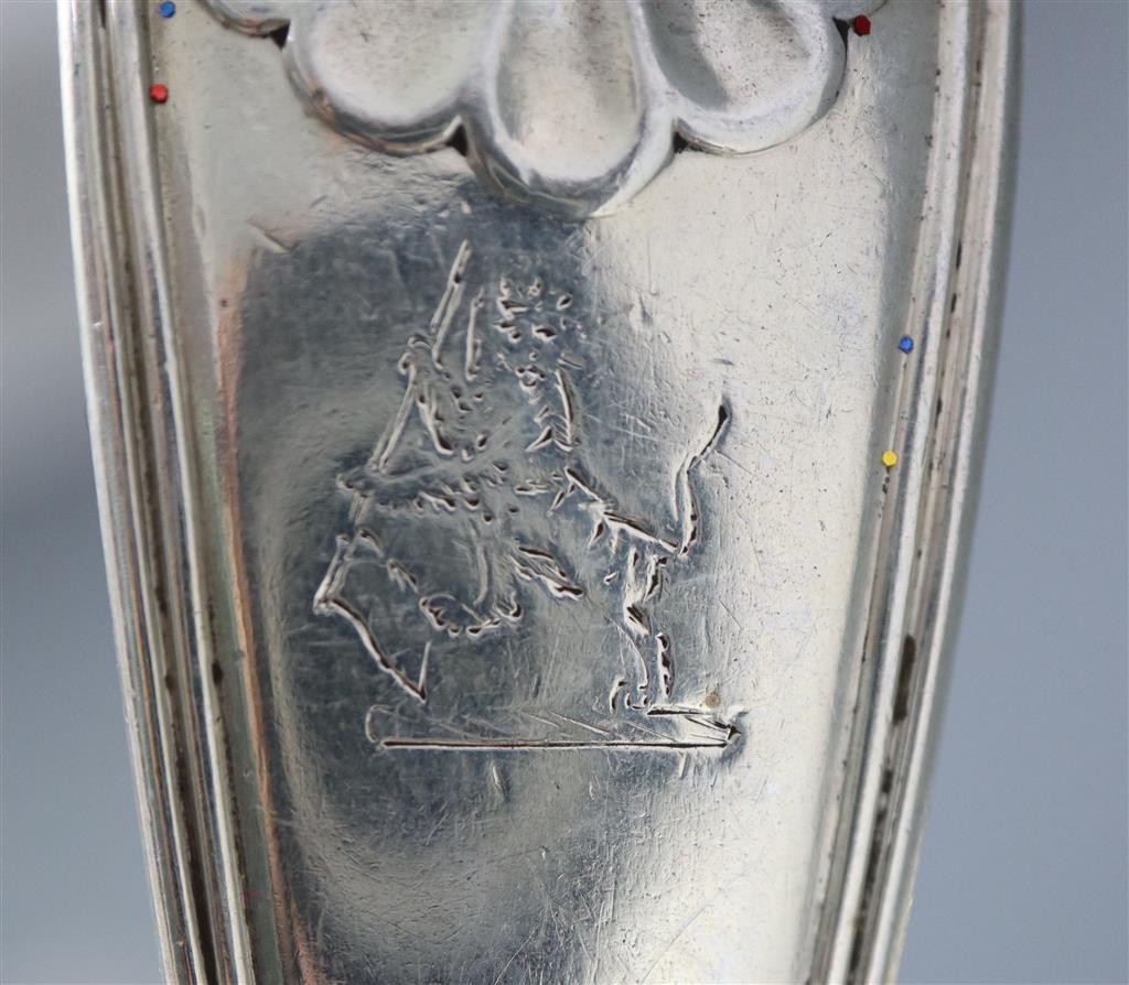 PAUL STORR- A set of six George III silver double struck, fiddle, thread and shell pattern dessert spoons, 6 tablespoons and 12 forks.